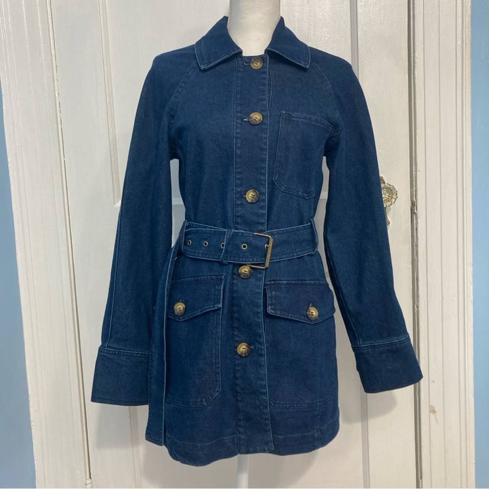 Bagatelle Denim Blue Jean Trench Jacket Coat Button Down Belted Women’s Size S